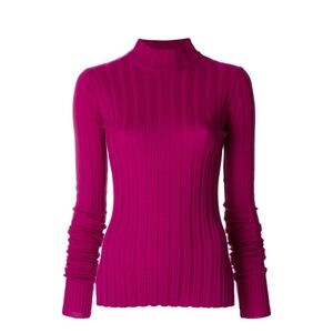 Theory Merino Wool Wide Rib Fuchsia Mockneck Turtleneck Sweater - Medium